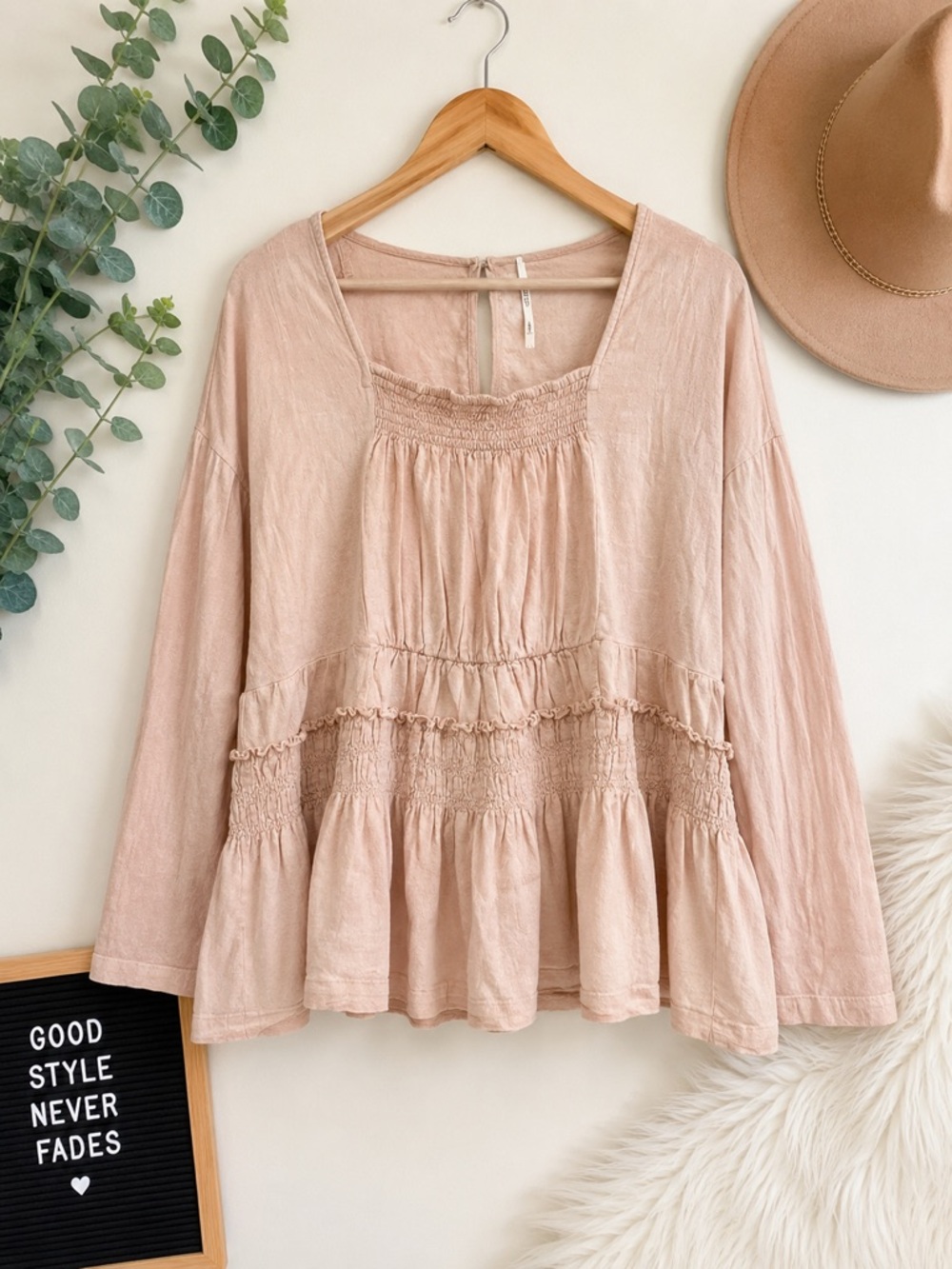 Free People Dusty Rose Smocked Tiered Peasant Blouse